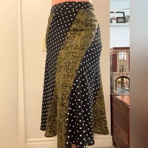 Current Air Black Polka Dot Midi Skirt with Olive Zebra Panels
